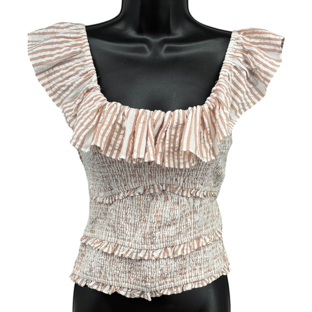 By Anthropologie Pink White‎ Stripe Smocked Tie Front Crop Top Ruffle XS